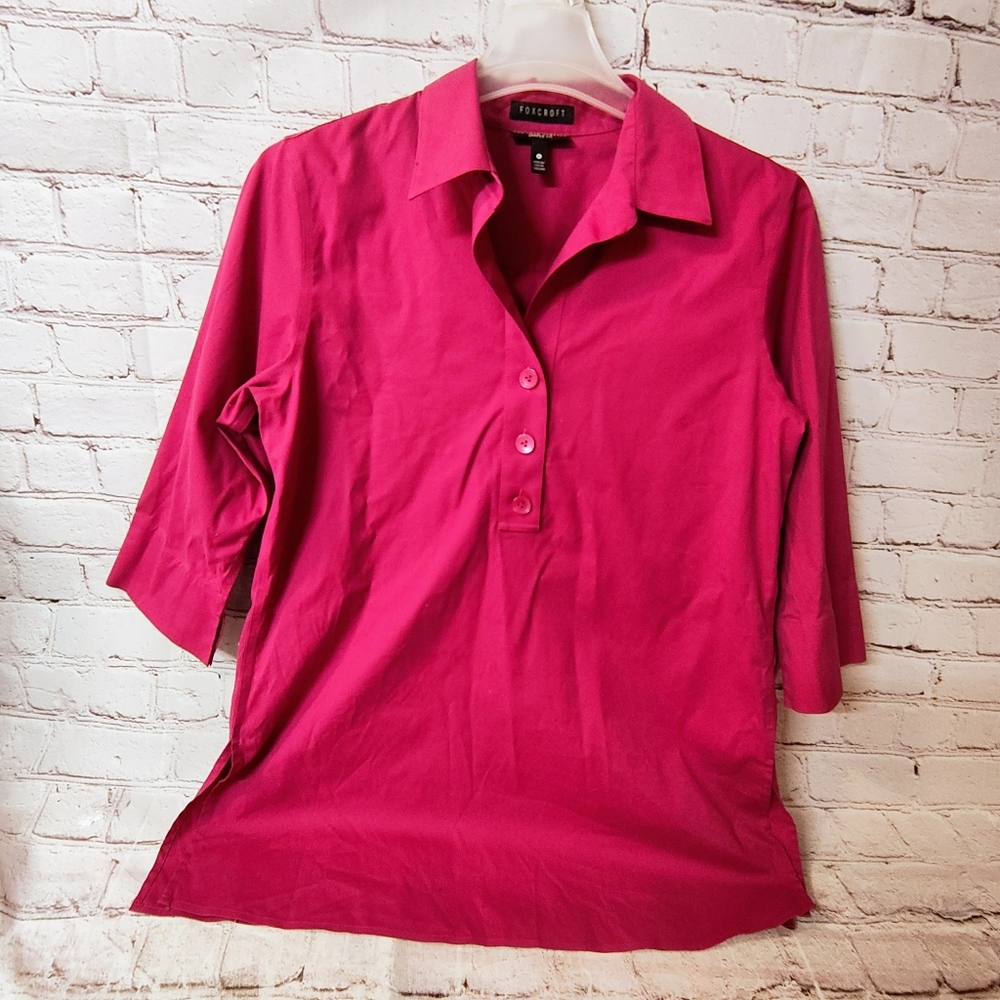 Fox Croft Non Iron Pink Fuschia Pop Over Tunic Split Hem Shaped Fit Top Size 12